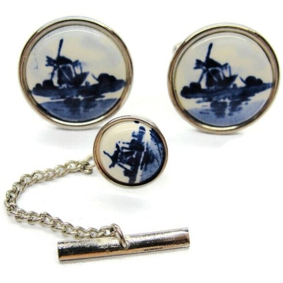 Deft Blue Cufflinks and Tie Tac Set Silver Tone Tux Shirt Dress Suit Vintage - Picture 1 of 5